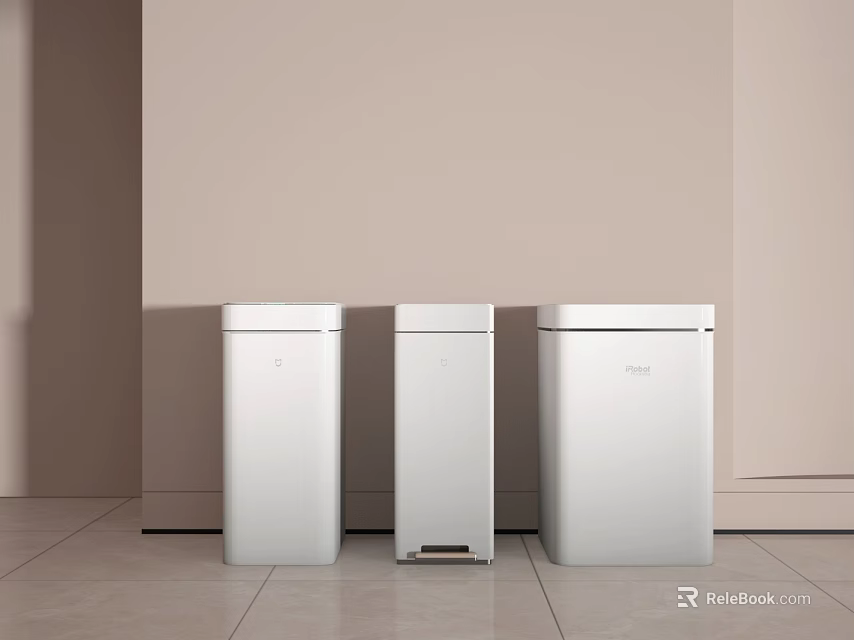 Three White Trash Bins Placed Against Wall On Light Colored Floor 3d model 