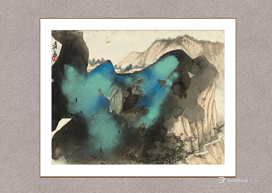Chinese Traditional Landscape Artwork With Mountain River Boat And Blue Ink Wash 3d model 