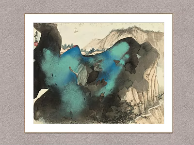 Chinese Traditional Landscape Artwork With Mountain River Boat And Blue Ink Wash 3d model
