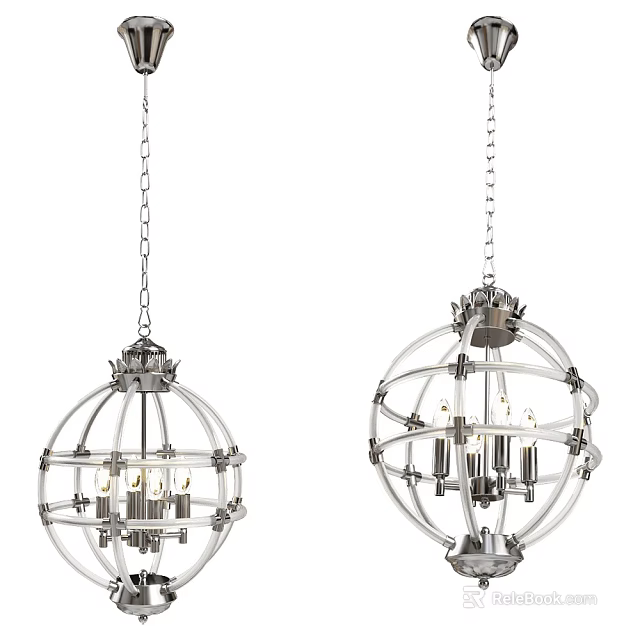 Modern Spherical Chandeliers With Metal Frame Chain Hanging And Multiple Bulbs 3d model