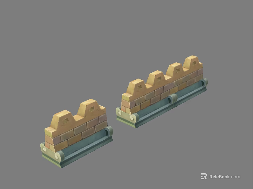 Two Yellow Brick Stacked Models With Green Base And Raised Top Structure 3d model