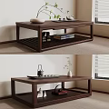Dark Brown Solid Wood Tea Table With Two Tier Shelf And Tea Set Vase Books 3d model