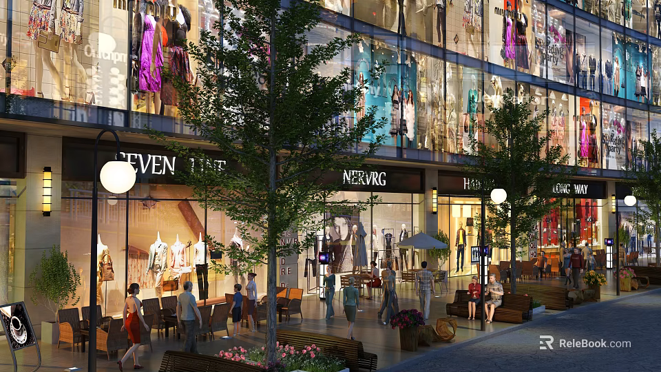 Bustling Commercial Street With Shop Windows Pedestrians Outdoor Seating Trees And Lighting 3d model 