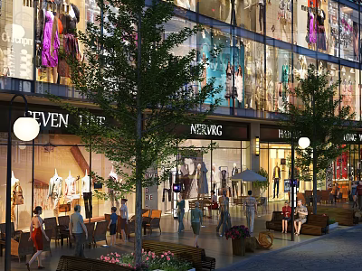 Bustling Commercial Street With Shop Windows Pedestrians Outdoor Seating Trees And Lighting 3d model