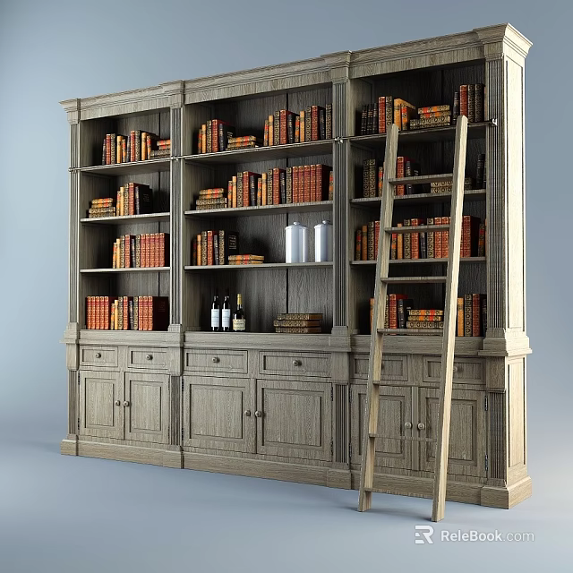 Classic Wooden Bookcase With Multiple Shelves Books Decorative Items Drawers And Ladder 3d model 