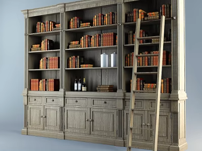 Classic Wooden Bookcase With Multiple Shelves Books Decorative Items Drawers And Ladder 3d model