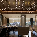 Elegant Hotel Lobby Interior With Wooden Elements Ceiling Pendant Lights And Long Table 3d model