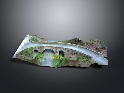Detailed Model of Arch Bridge with Stone Structure Green Plants and Water Flow 3d model