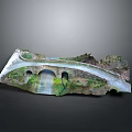 Detailed Model of Arch Bridge with Stone Structure Green Plants and Water Flow