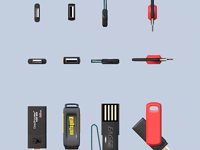 Portable Assorted USB Flash Drives And Data Cables With Lanyards Different Colors For Daily Use 3d model