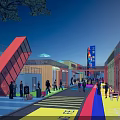 Vibrant Modern Commercial Street With Colorful Ground Container Buildings Glass Facades And Outdoor Seating
