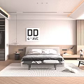 Modern Double Bed with Upholstered Headboard White Pillows Grey Bedding Footstool and Striped Rug