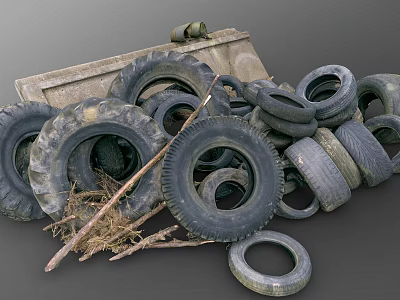 Pile of Old Worn Tires With Wooden Sticks and Metal Plate 3d model