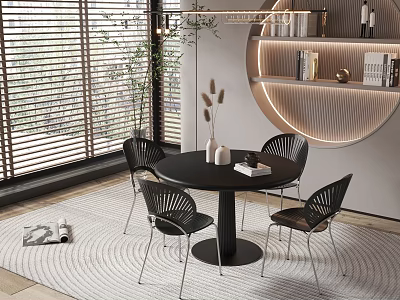 Round Black Dining Table Set With Four Chairs And Circular Shelf In Modern Room 3d model