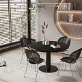 Round Black Dining Table Set With Four Chairs And Circular Shelf In Modern Room