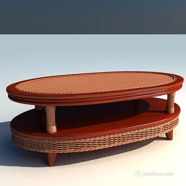 Oval Coffee Table Featuring Woven Rattan Surface Wooden Two Tier Design And Cylindrical Legs 3d model 