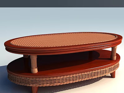 Oval Coffee Table Featuring Woven Rattan Surface Wooden Two Tier Design And Cylindrical Legs 3d model