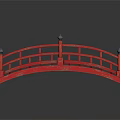 Red Arch Bridge With Red Railings Black Spherical Finials And Wooden Deck