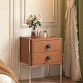 Wooden Bedside Table With Drawers Black Knobs Metal Legs And Vase With Flowers