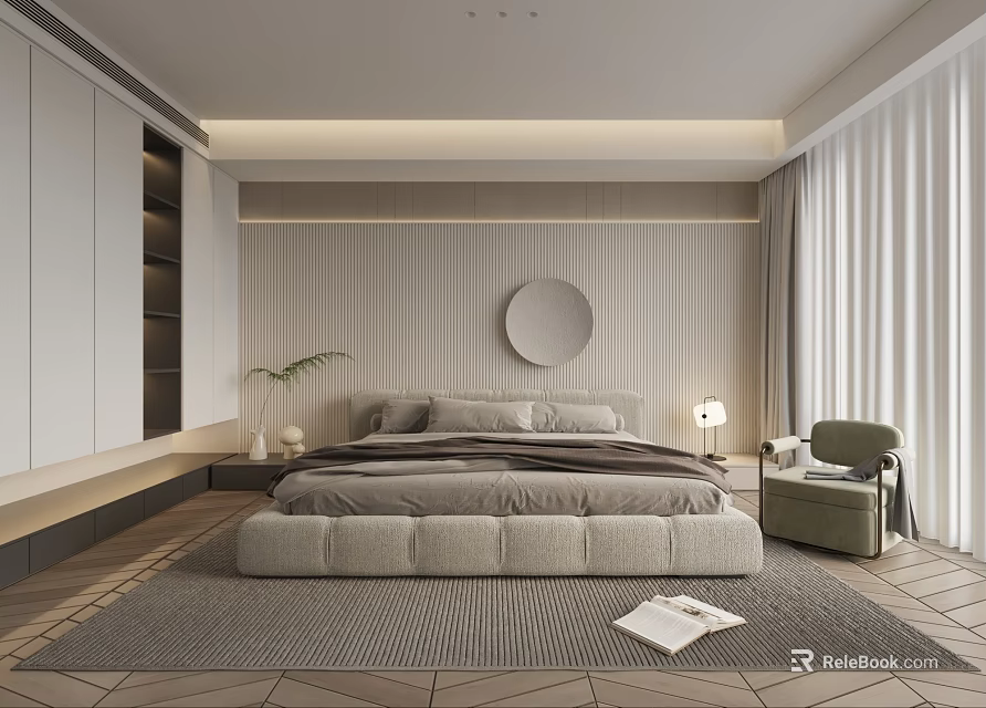Modern Bedroom Interior Design With Beige Bed Round Mirror Green Chair And Geometric Rug 3d model 