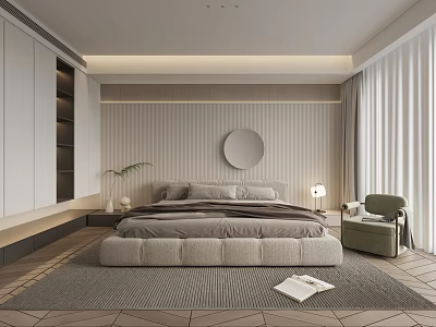 Modern Bedroom Interior Design With Beige Bed Round Mirror Green Chair And Geometric Rug 3d model
