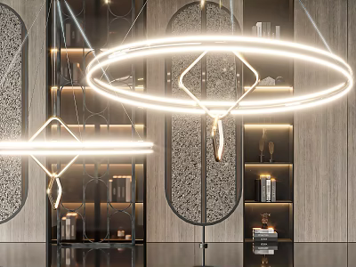 Modern Circular Chandelier With Geometric Design In Elegant Interior Display Shelves 3d model