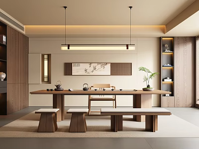 Modern Tea Room Interior With Wooden Table And Benches Traditional Scroll Painting And Hanging Lights 3d model