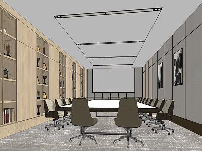 Modern Conference Room Interior With Long Table Ergonomic Chairs Wooden Bookshelves And Decorative Paintings 3d model