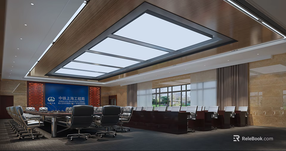 Spacious Conference Room With Large Table Black Office Chairs Wooden Ceiling And Skylights 3d model 