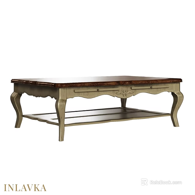 Classic Wooden Dining Table With Carved Legs Lower Shelf And Dark Wood Top 3d model 