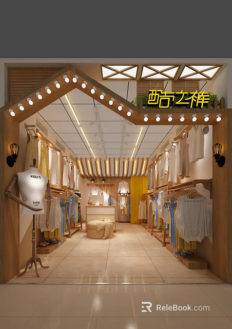 Clothing Store Interior Design With Stylish Mannequin Wooden Racks And Hanging Clothes 3d model 