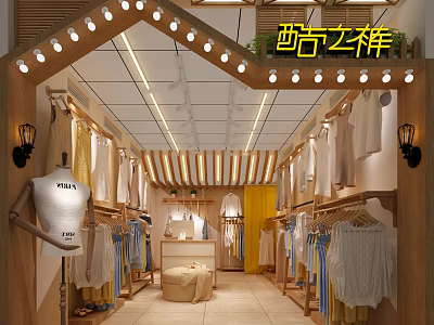 Clothing Store Interior Design With Stylish Mannequin Wooden Racks And Hanging Clothes 3d model