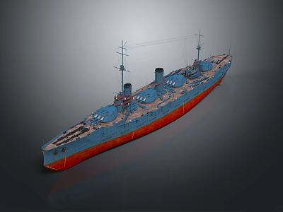 Blue And Red Warship With Masts And Turrets 3d model
