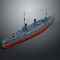 Blue And Red Warship With Masts And Turrets