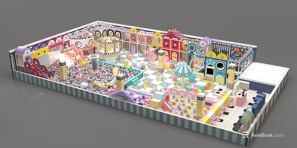 Colorful Indoor Playground Interior With Play Structures Ball Pit And Carousel Decorations 3d model 