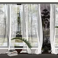 White Sheer Curtains For Window With Trees View And Indoor Plants In Room