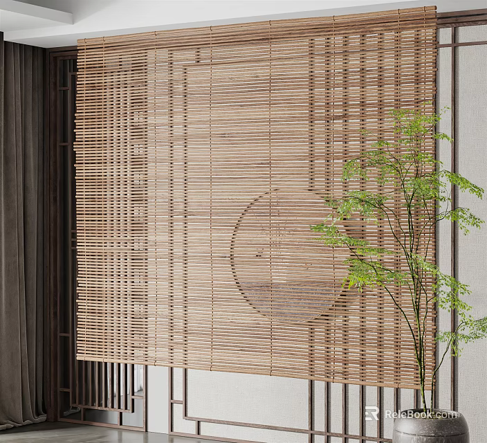 Bamboo Blinds with Circular Cutout Design in Indoor Space with Green Plant and Wooden Frame 3d model 