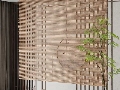 Bamboo Blinds with Circular Cutout Design in Indoor Space with Green Plant and Wooden Frame 3d model