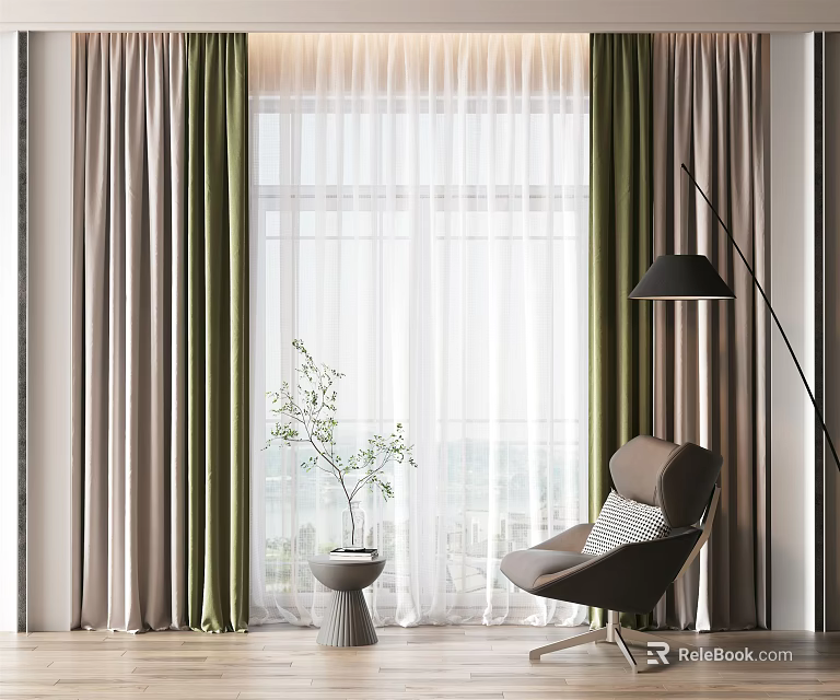 Green and Beige Floor to Ceiling Curtains With Sheer Layers Accent Chair and Floor Lamp 3d model 