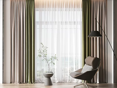 Green and Beige Floor to Ceiling Curtains With Sheer Layers Accent Chair and Floor Lamp 3d model