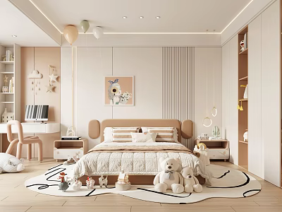 Light Colored Kids Room Interior With Soft Bed Stuffed Toys Bookshelf And Decorative Wall Art 3d model