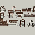 Wooden Door Arches And Garden Fences 3D Models With Various Brown Designs On White Background