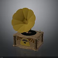 Vintage Phonograph With Yellow Horn Wooden Base And Vinyl Record