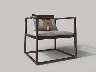 Single Chair with Dark Wooden Frame Light Padded Seat and Decorative Cushion in Minimalist Design 3d model
