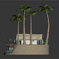 Wooden Cabin with Palm Trees on Coastal Beach Featuring Small Boat and Colorful Umbrella