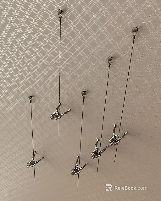 Modern Minimalist Metal Human Figure Climbing Pendants Hanging From Light Colored Grid Pattern Ceiling 3d model 