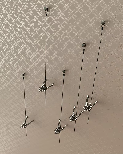 Modern Minimalist Metal Human Figure Climbing Pendants Hanging From Light Colored Grid Pattern Ceiling 3d model