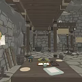 Cartoon Scene Interior With Wooden Structures Stone Walls Two Levels Stone Floor Furniture And Tools