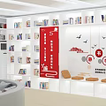 Modern Study Room Interior With Red White Bookcases Gray Sofas And Learning Atmosphere Decor 3d model