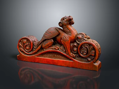 Intricate Wooden Winged Mythical Creature Carving With Scroll Decorative Base 3d model